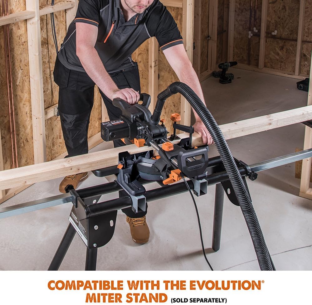 Evolution Power Tools R185SMS+ Sliding Miter Saw with Multi-Material Cutting, 45 Degree Bevel, 50 Degree Miter, 210 mm Slide, Blade Included Cuts Wood Plastic Metal & More, 7-1/4'