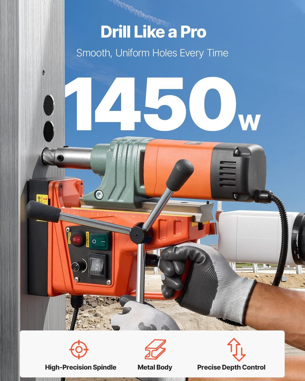 VEVOR Magnetic Drill, 1450W Motor 2 in Coring Diameter, 2922 lbf Magnetic Force, Portable Electric Mag Drill Press with 6 Coring Bits, Variable Speed, Drilling Machine for Metal Surface, Industrial