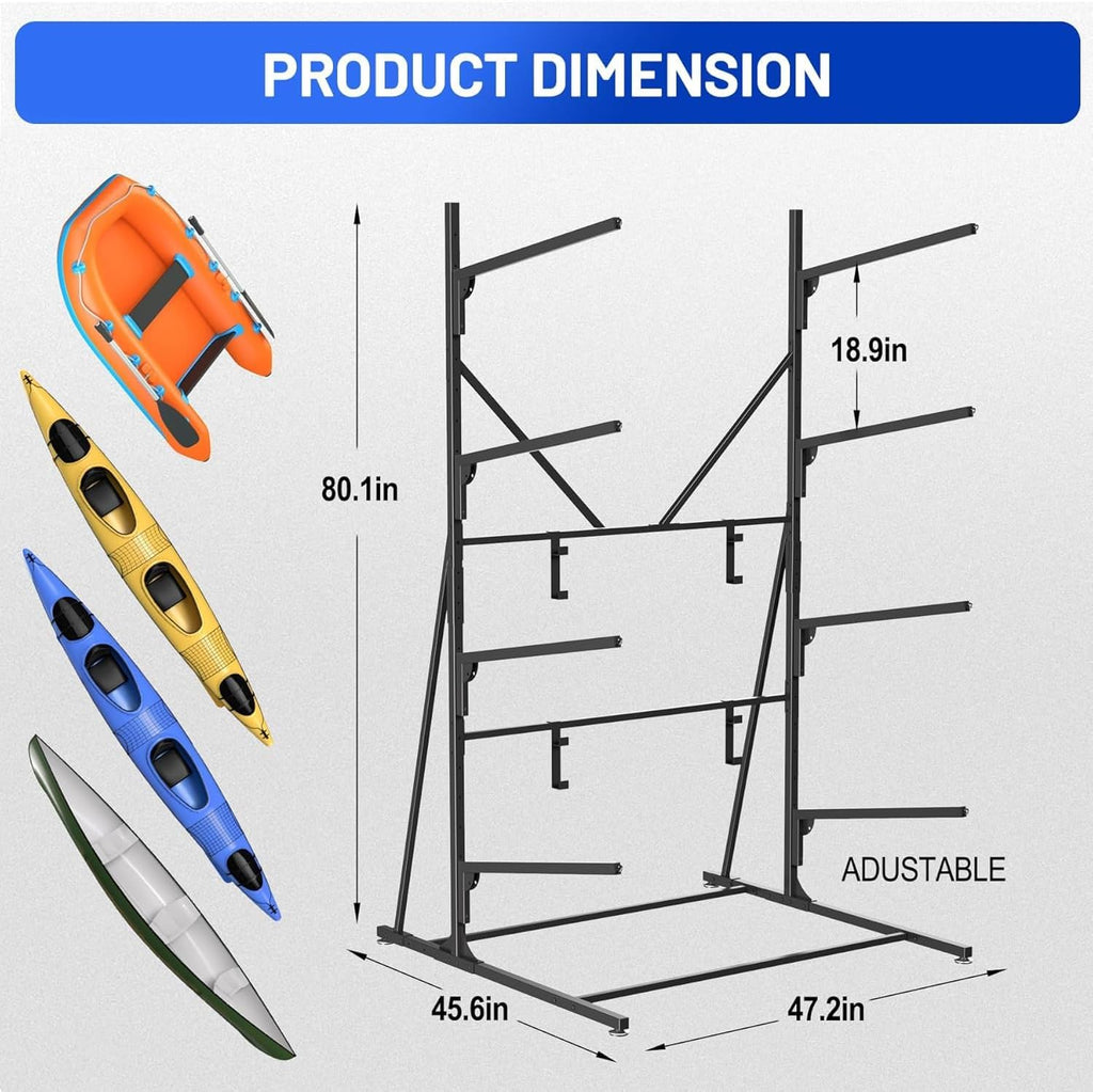 Takywep 4 Layers Kayak Storage Rack, Heavy Duty Metal Freestanding Outdoor Storage Rack for Canoe, Surfboard, Paddleboard and Skis Stand, Adjustable Hanger Kayak Rack for Garage, Easy to Assemble