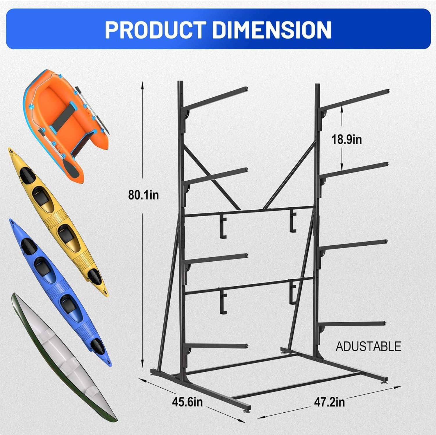 Takywep 4 Layers Kayak Storage Rack, Heavy Duty Metal Freestanding Outdoor Storage Rack for Canoe, Surfboard, Paddleboard and Skis Stand, Adjustable Hanger Kayak Rack for Garage, Easy to Assemble