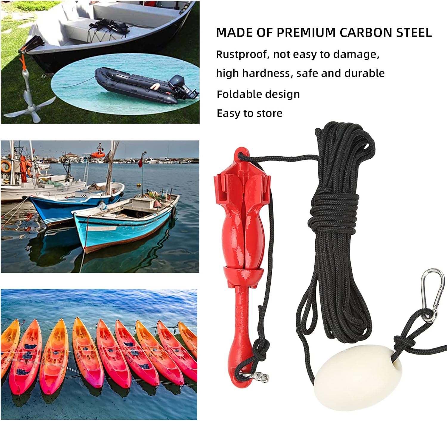 Kayak Anchor, Small Boat Anchor Kit Marine, Lightweight Compact Folding Grapnel Anchor with 39.4ft Tow Rope Carrying Bag for Fishing Kayak Paddle Board Canoe Jet Ski