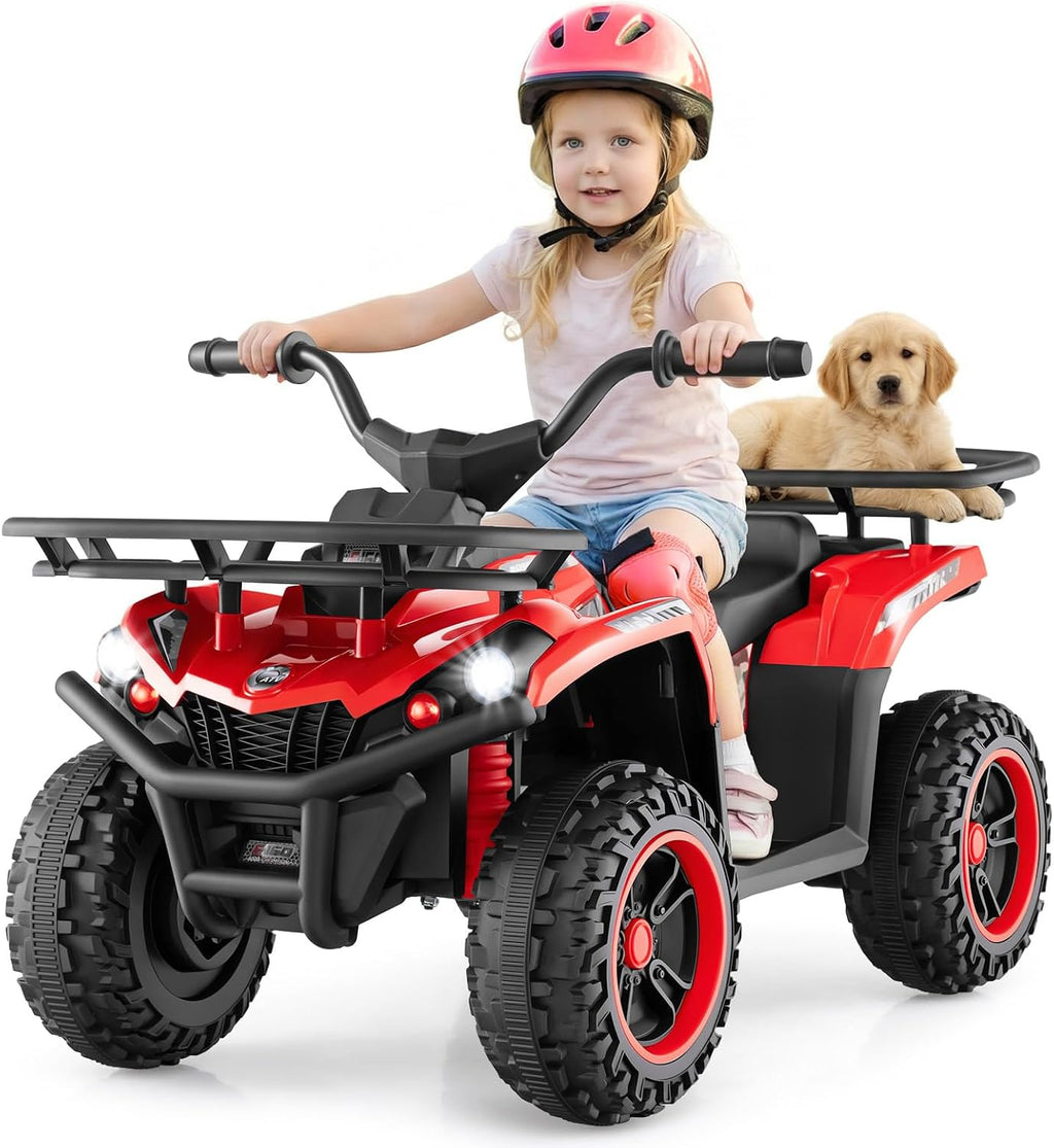 OLAKIDS 12V Kids ATV Quad with 2 Speeds, Spring Suspension, LED Lights, Music & Story Player, Big Tires, 2 Storage Spaces, Ride On Car for Boys Girls Ages 3+ (12V, Red)