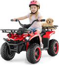 OLAKIDS 12V Kids ATV Quad with 2 Speeds, Spring Suspension, LED Lights, Music & Story Player, Big Tires, 2 Storage Spaces, Ride On Car for Boys Girls Ages 3+ (12V, Red)