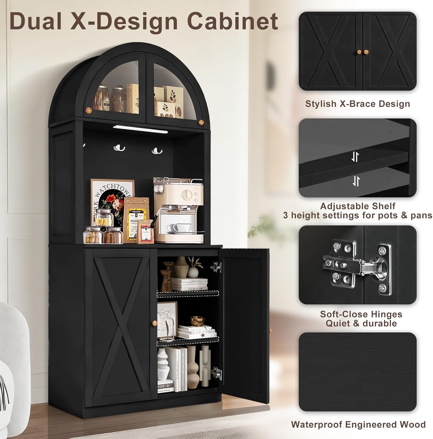 71' Farmhouse Arched Buffet Cupboard with Adjustable Shelves & Glass Door | Sturdy Engineered Wood, Acrylic Glass, Durable, Moisture-Resistant, Easy Assembly, for Dining Room, Bathroom, Living Room