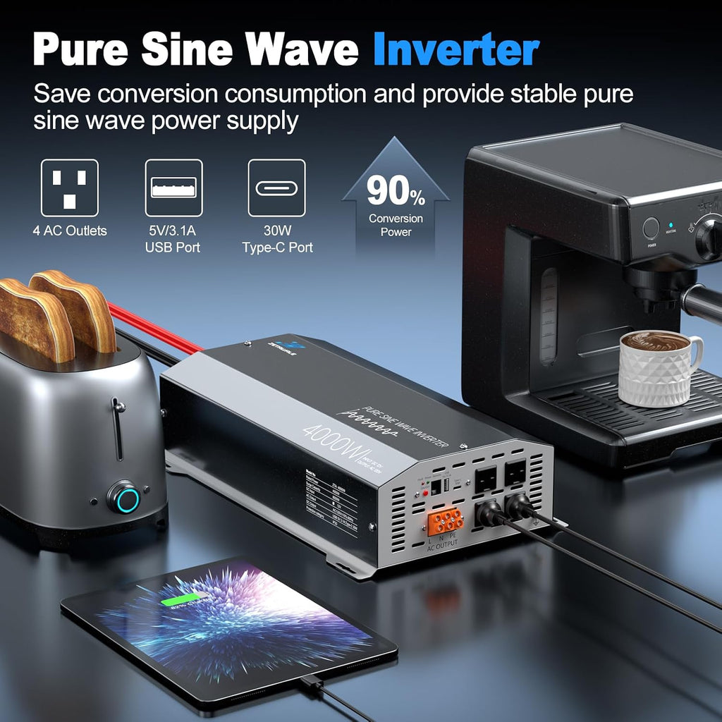 4000W Pure Sine Wave Inverter 12V DC to 110V/120V AC Converter, 8000W Peak, LCD Remote Control, 4 AC Outlets, USB & Type-C – Heavy Duty for RV, Truck, Off-Grid Solar, Home Emergency Power