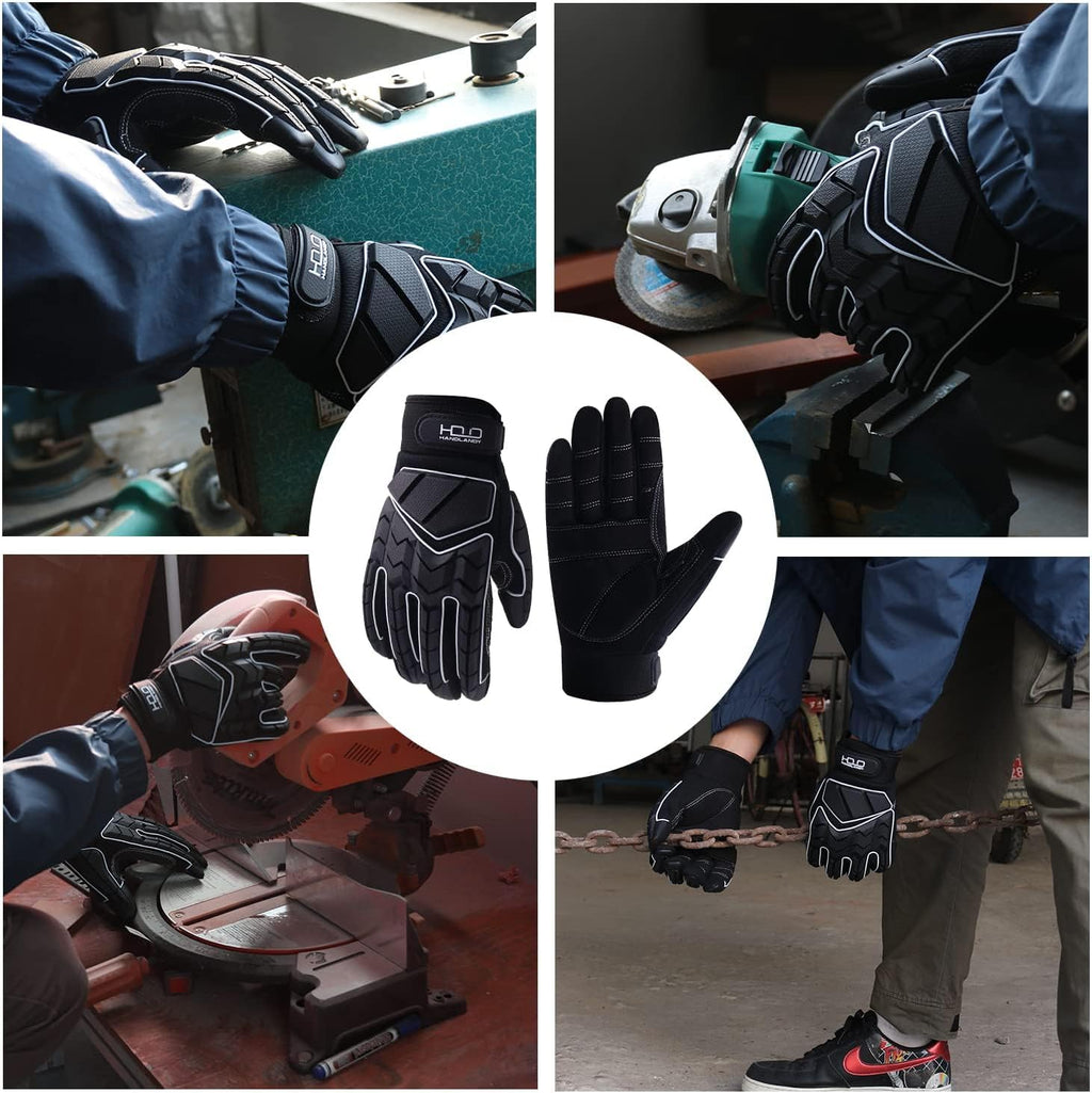 HANDLANDY HLDD Heavy Duty Work Gloves, TPR Protector Impact Gloves, Men Anti Vibration Mechanic Work Glove TouchScreen