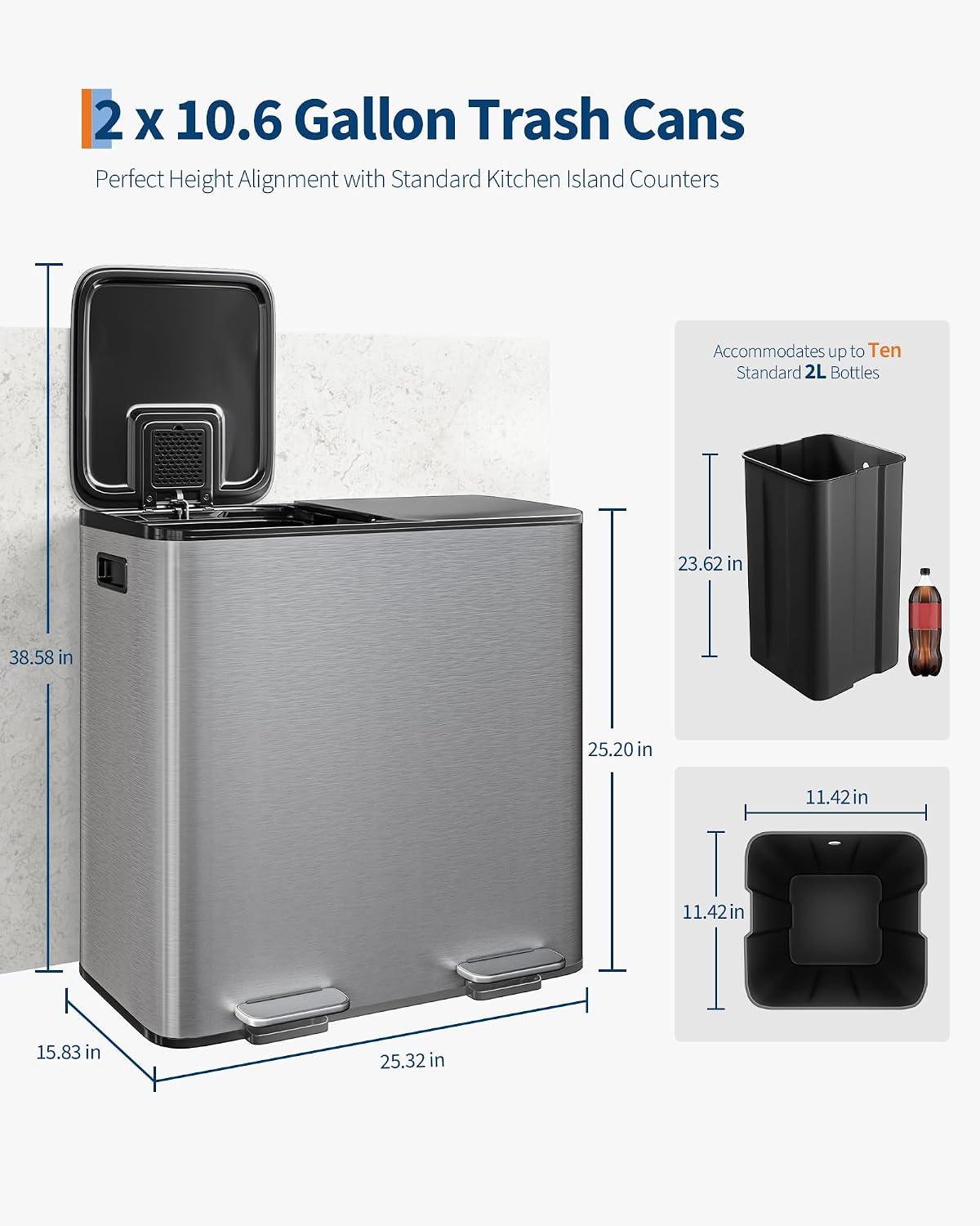 GarveeHome 2x10.6 Gallon Stainless Steel Dual Trash Can with Lid, Large Kitchen Step-on Garbage and Recycle Bin Combo, Metal Double Trash Can w/PP Inner Buckets & Liner Rim for Kitchen Waste Sorting