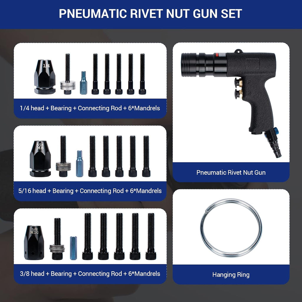 Air Rivet Nut Tool Kit, Pneumatic Rivnut Gun with 1/4'', 5/16'' & 3/8'' Mandrels