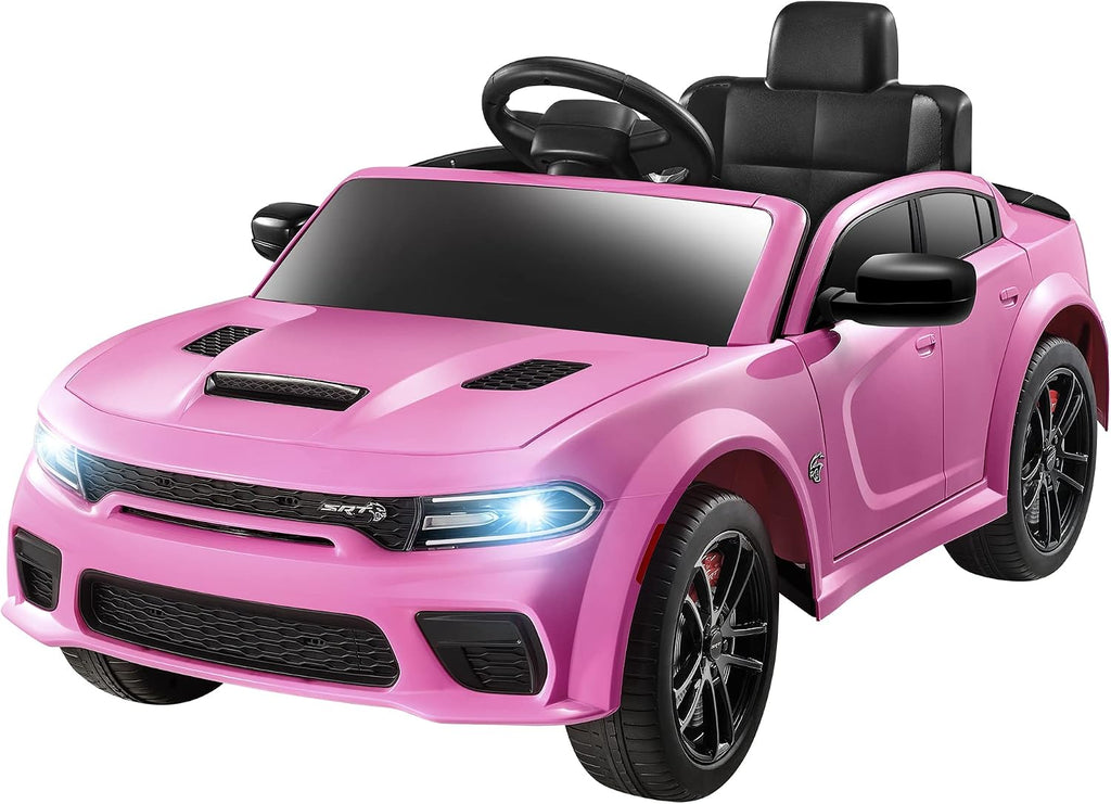 ENYOPRO 12V Dodge Charger SRT Kids Ride On Car w/Parent Remote Control, Electric Power Car Ride On Toy w/4-Wheel Suspension, 3 Speeds, LED Lights, Music Player, Battery Car Gift for Kids Girls, Pink