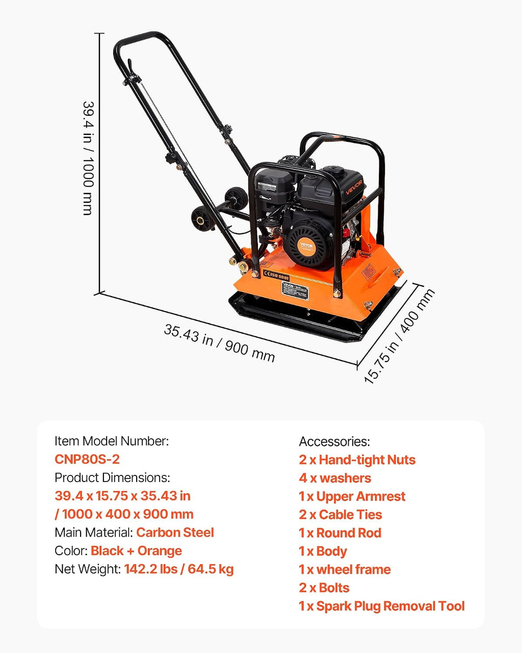 VEVOR Plate Compactor, 6.5 HP 196CC Gas Engine, 5700 VPM Vibrating Ground Rammer, 4047 lbs Compaction Force, 21 x 16 in Plate, Walk Behind Compactor for Paver Landscaping, Asphalt, Foundation, Soil
