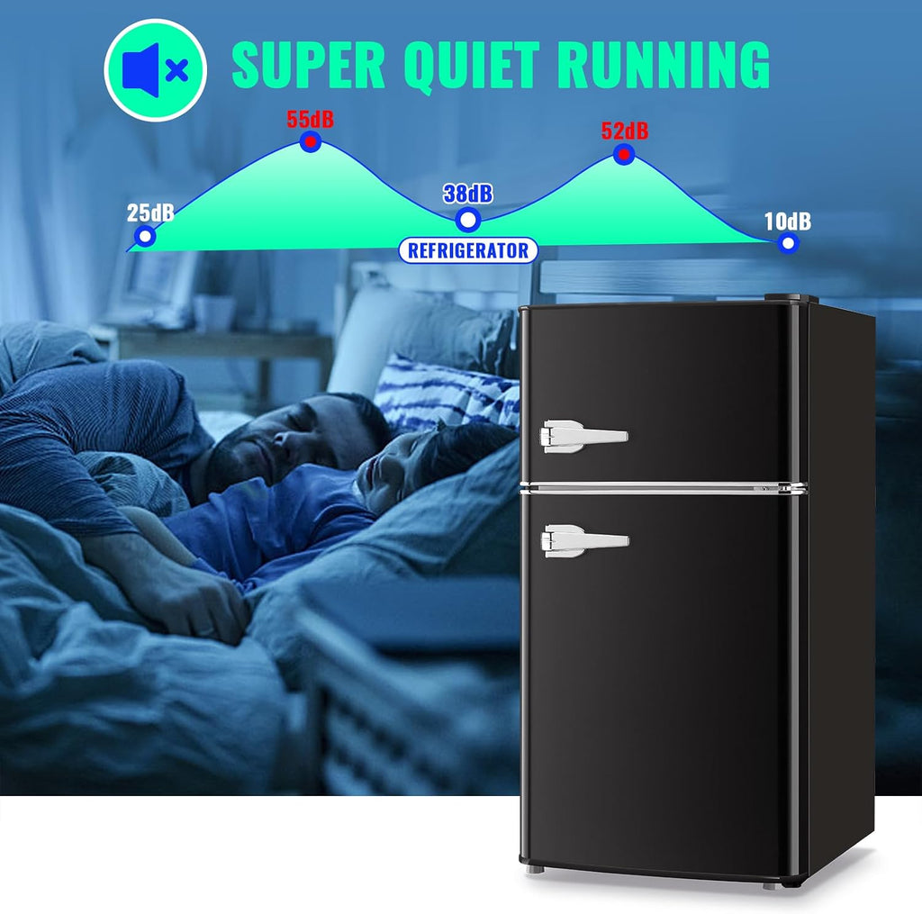 Mini Refrigerator with Freezer Small Fridge Double Door Side Drink Holder Adjustable Glass Shelves, Plastic Crisper, 7 Level Temperature Control for Bedroom, Office, Apartment Black