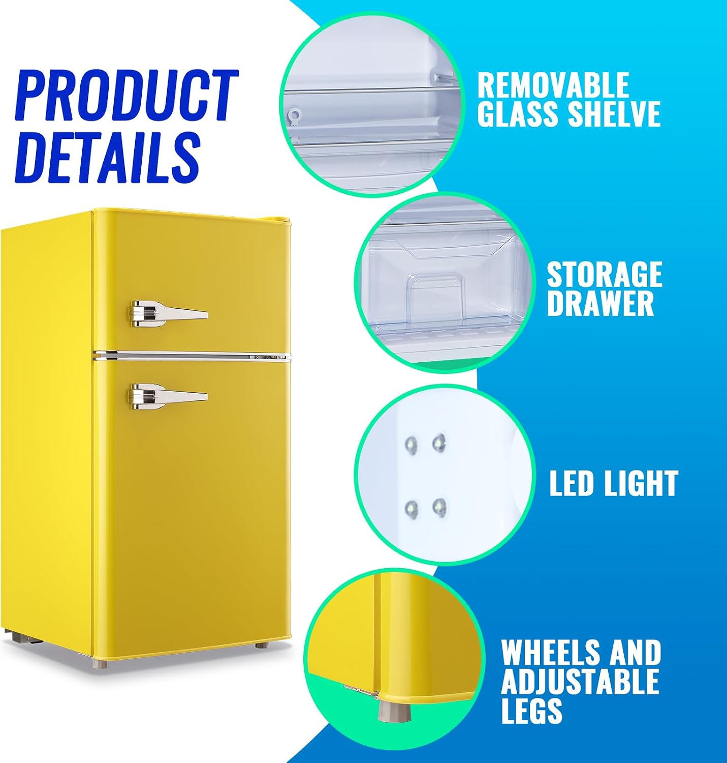 3.5 Cu.ft Fridge Dorm Fridge Refrigerator with Adjustable Glass Shelves, 7 Level Temperature Control Suit for Bedroom, Office, Apartment Yellow
