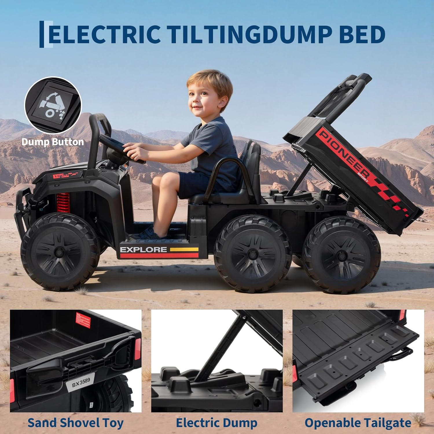 Hetoy 24V Ride on Toys, 2 Seater Dump Truck Car for Kids 4-8, 4WD Electric Tractor with Remote Control, Dump Bed, 3 Speed Modes, Music Player