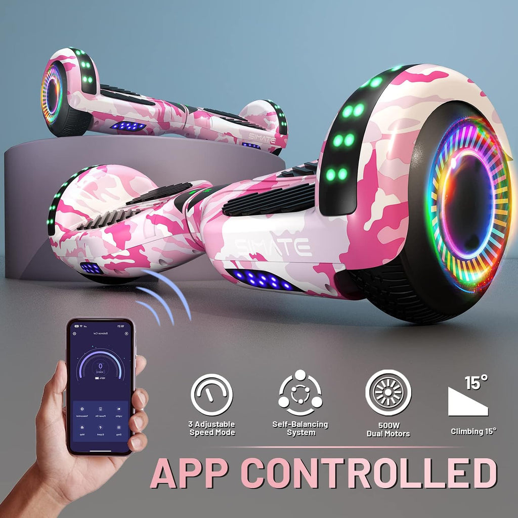 SIMATE Hoverboard, Bluetooth All Terrain Hover Boards with LED Lights and APP Control, Gifts for Kids Adults Girls Boys, for All Ages