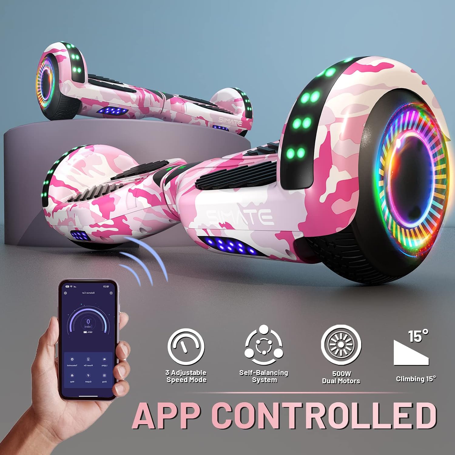 SIMATE Hoverboard, Bluetooth All Terrain Hover Boards with LED Lights and APP Control, Gifts for Kids Adults Girls Boys, for All Ages