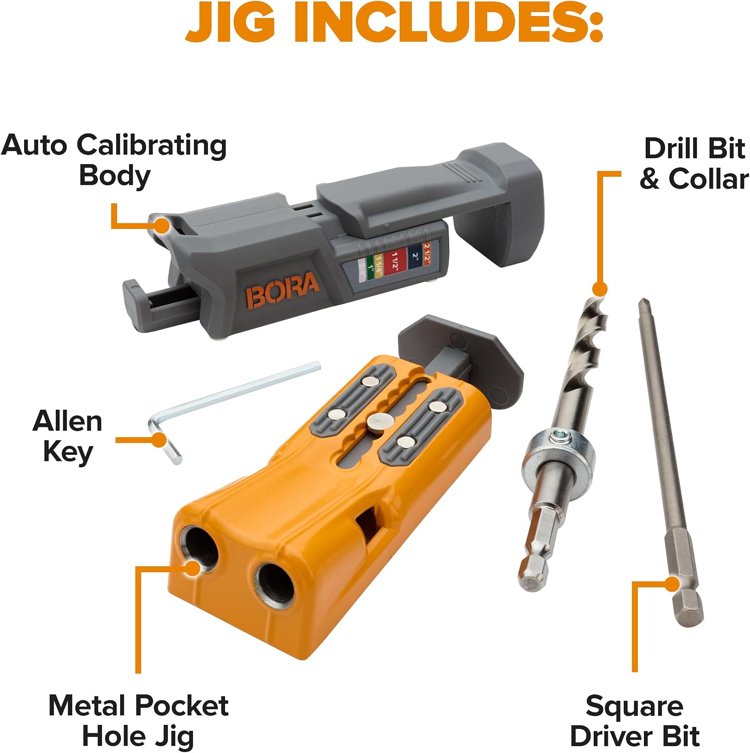 BORA Pro Compact Pocket Hole Jig Kit, 3 inch Face Clamp & 350pc Screw Set - Auto Adjust Drill Guide, Durable Pocket Hole Jig for Woodworking & Tight Spaces - For Materials 1/2 inch to 1 1/2 inch Thick