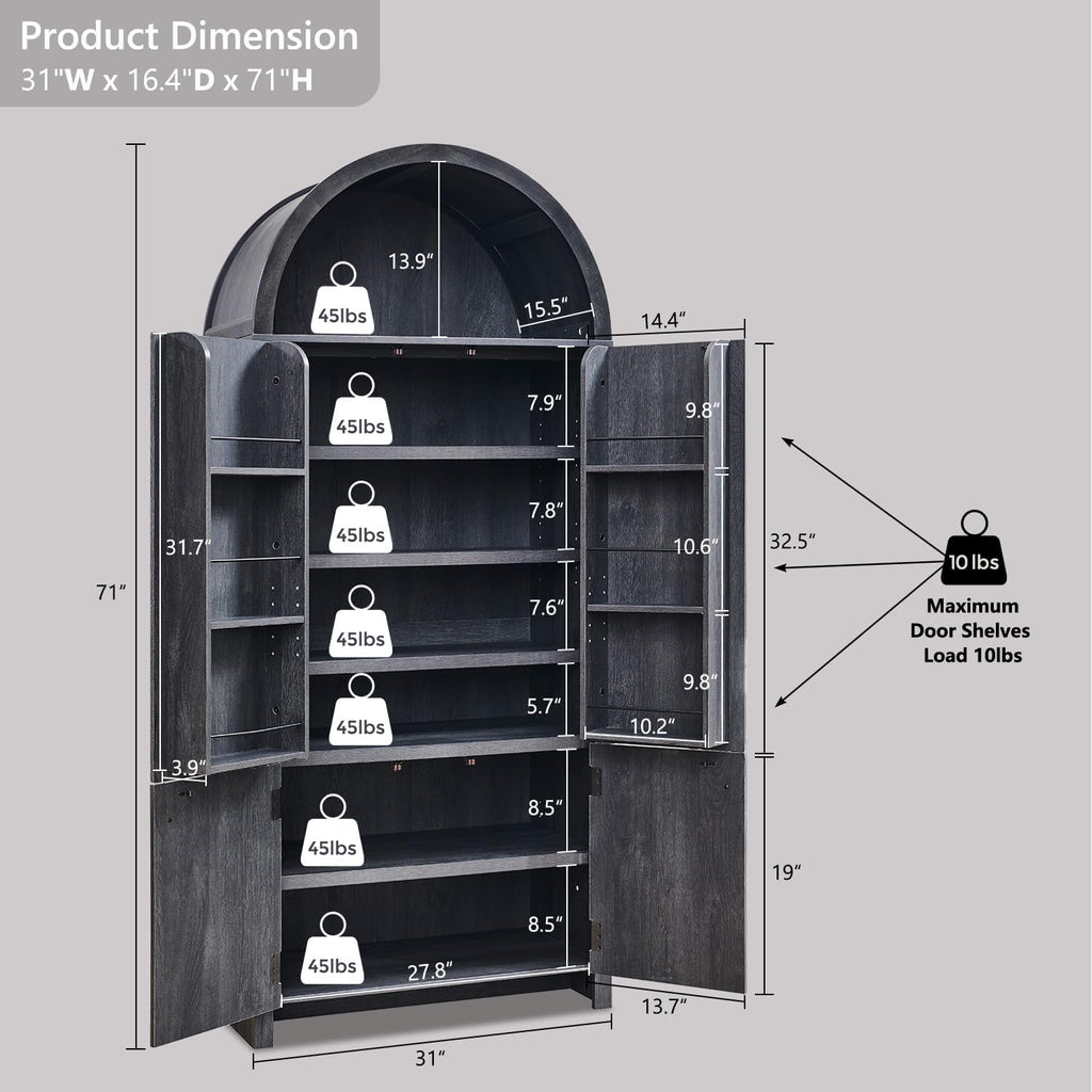 IFBUY 71' Tall Arched Bathroom Storage Cabinet, Modern Fluted Storage Cabinet w/Doors, 3 Adjustable Shelves, 6 Door Shelves, Wood Freestanding Cabinet for Bathroom, Entryway, Hallway, Dark Grey