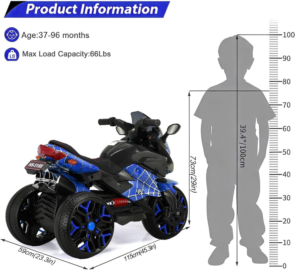 12V Kids Electric Motorcycle with Training Wheels | Plastic, PU seat, manual throttle, foot brake, USB, MP3, phone link, light-up wheels, ages 3-6, 45.3 W x 23.2 D x 28.7 H in