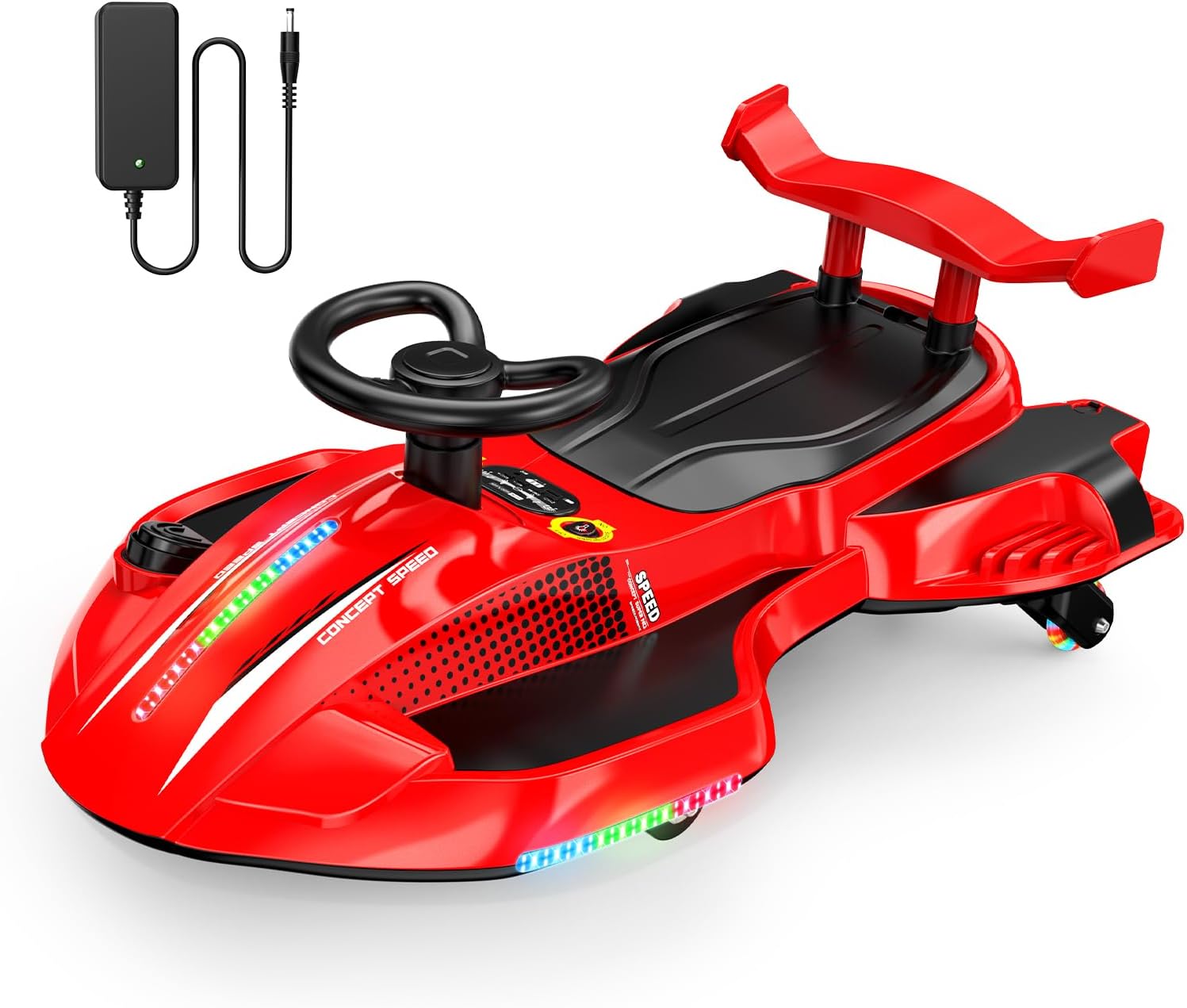 12V Electric Wiggle Car Ultra with Pedals, Rechargeable Swing & Drift Car, Anti-Rollover Design with Backrest, Spray, Flashing Lights, Music & Bluetooth, for Ages 3 and Up, 150 lbs(Red + Black)