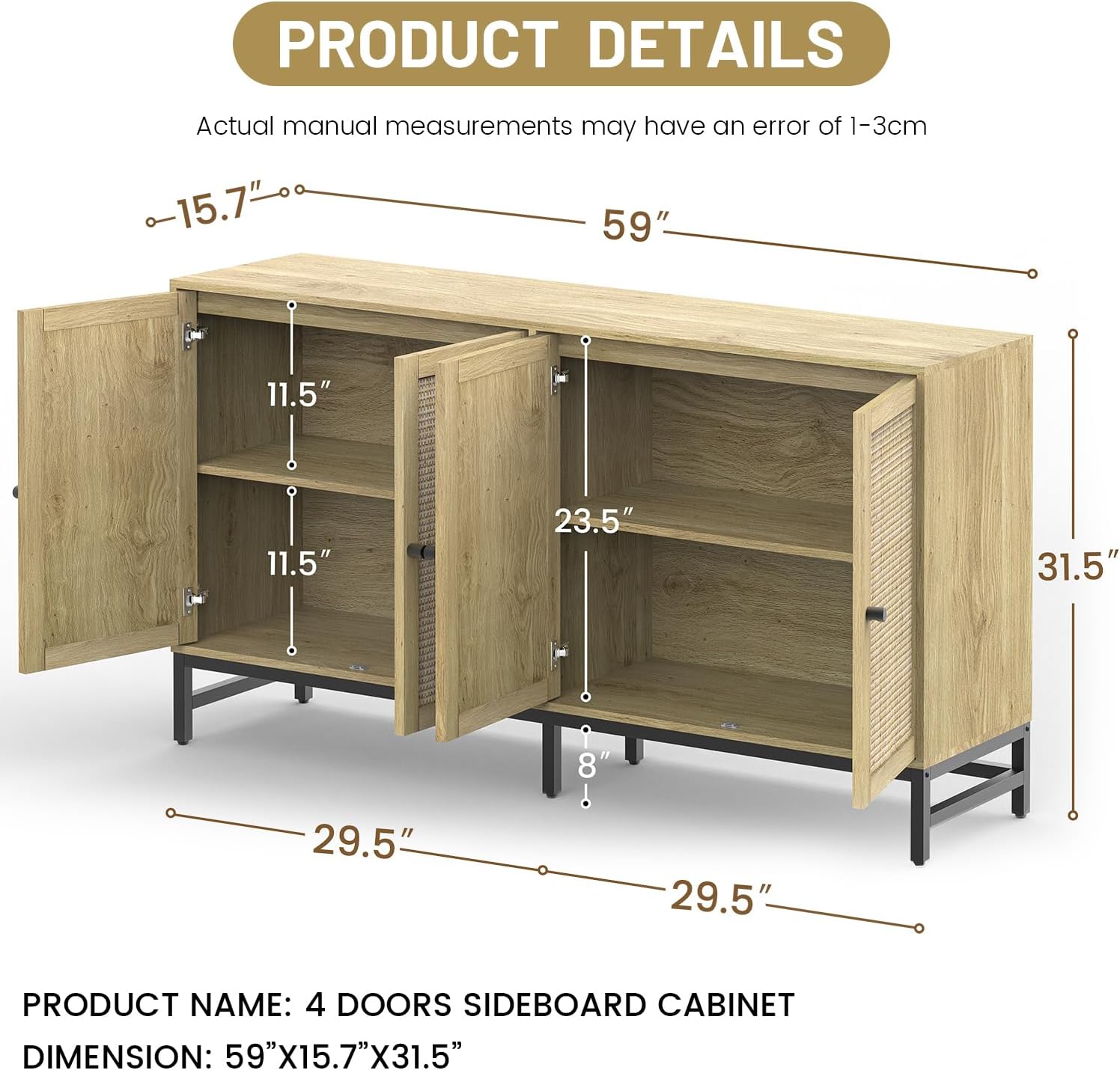 ZLWJGY Rattan Sideboard Buffet Cabinet, Natural Storage Credenza Accent Cabinet with 4 Doors, 59' Large Mid Century Modern Console Table for Kitchen, Living Room and Dining Room