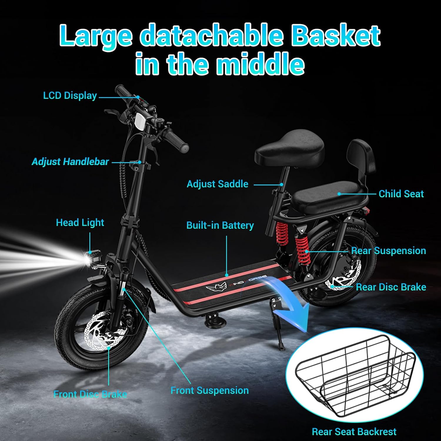 SEHOMY 2 Seater Electric Scooter for Adults 330lbs, Folding Escooters with Seat, 850W Peak Motor, 25/20 Miles Range, 22/15.5 MPH, Storage Basket, Electronic City Commuter Bike Motor Scooters