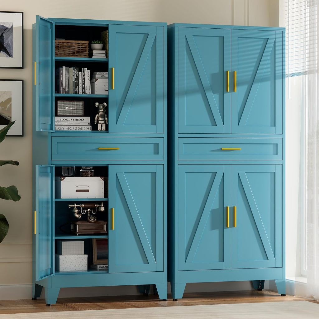 Baborokic 71' Tall Metal Storage Cabinet with Adjustable Shelves,Farmhouse Kitchen Pantry Cabinet with 2 Barn Doors and Drawer,Large Storage Cabinets for Dining Room,Bathroom,Living Room(Blue)