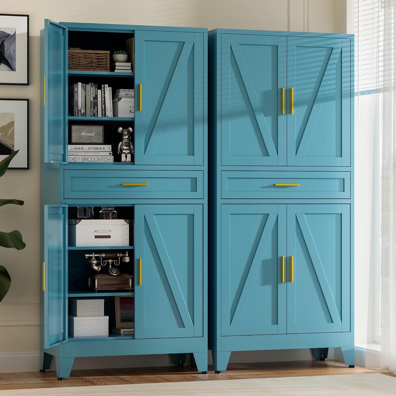 Baborokic 71' Tall Metal Storage Cabinet with Adjustable Shelves,Farmhouse Kitchen Pantry Cabinet with 2 Barn Doors and Drawer,Large Storage Cabinets for Dining Room,Bathroom,Living Room(Blue)