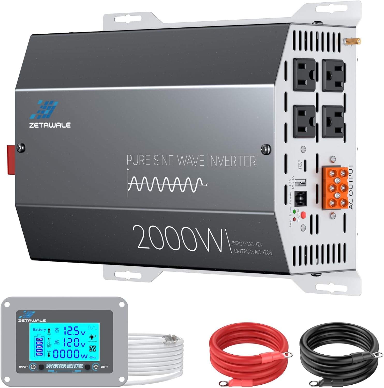 2000 Watts Pure Sine Wave Inverter 12V DC to 110V/120V AC Converter, 4000W Peak, LCD Remote Control, 4 AC Outlets, USB & Type-C – for RV, Truck, Off-Grid Solar, Emergency Power Backup