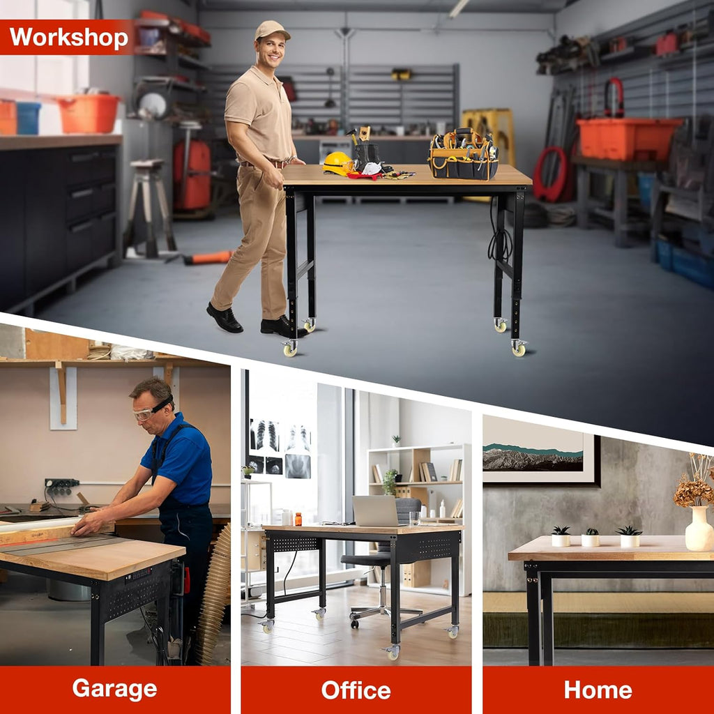 48' L×24'W Adjustable Workbench with Wheels, 28'-40'Height Heavy Duty Table 2000 LBS Load Capacity, Work Bench with Power Outlet & Pegboard, Rubber Wood Work Table for Garage, Office, Workshop