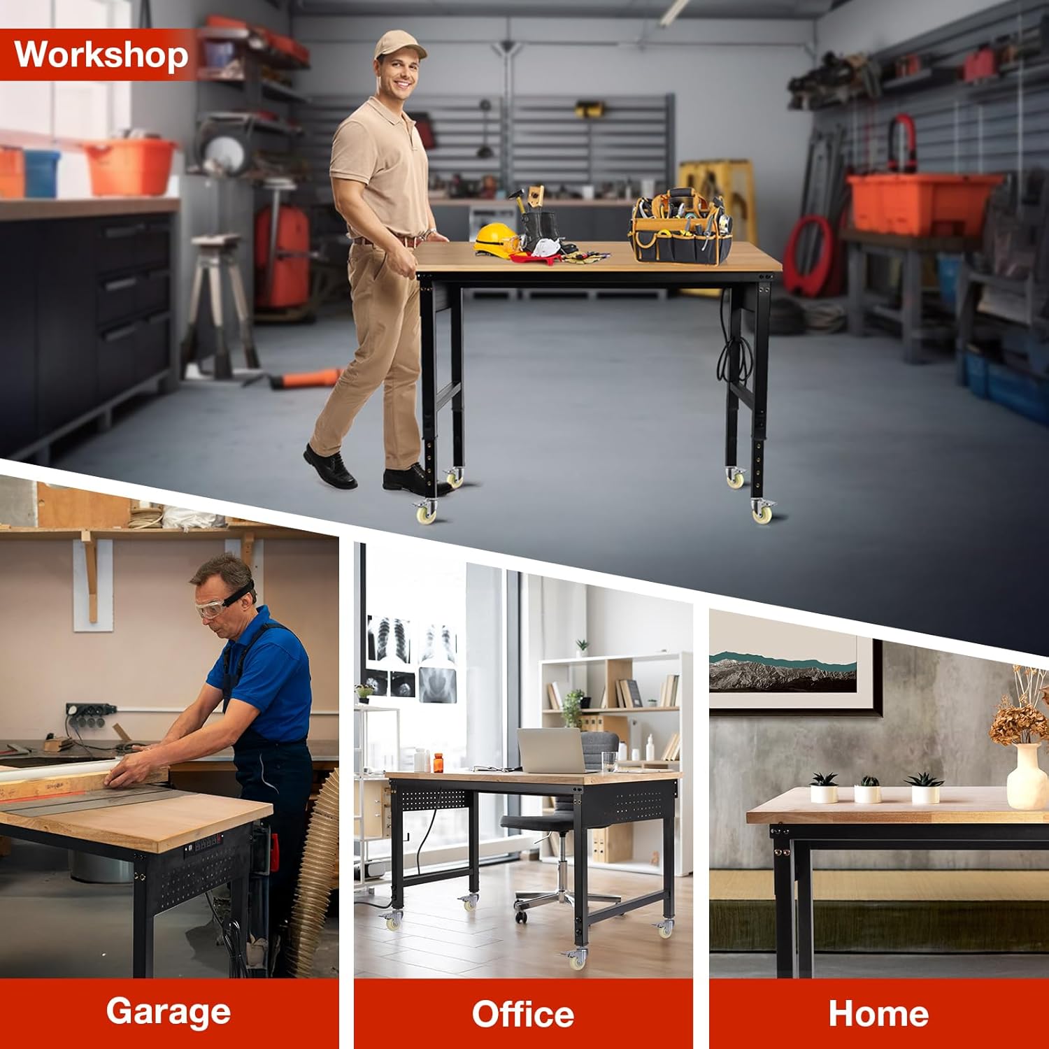 48' L×24'W Adjustable Workbench with Wheels, 28'-40'Height Heavy Duty Table 2000 LBS Load Capacity, Work Bench with Power Outlet & Pegboard, Rubber Wood Work Table for Garage, Office, Workshop