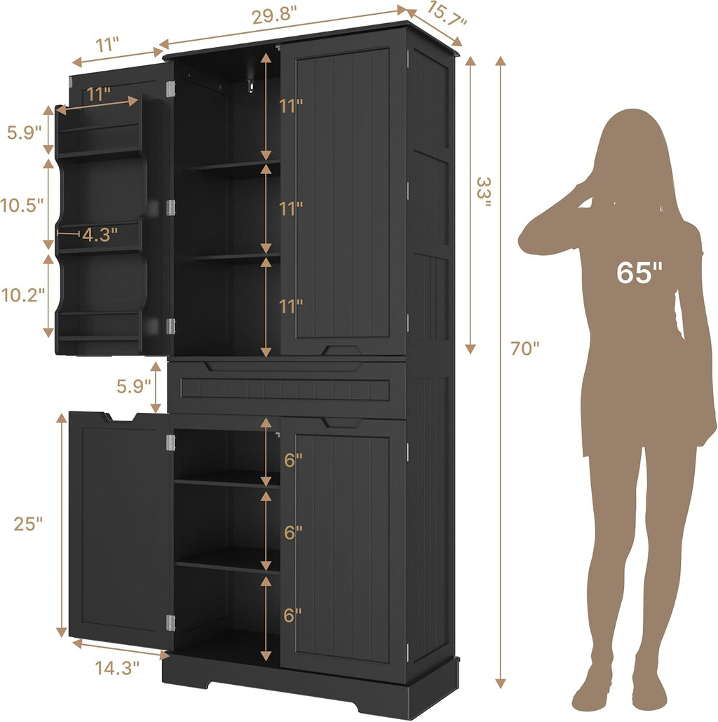 Gizoon 70' Tall Kitchen Pantry Cabinet with Doors and Adjustable Shelves, 5-Tier Multipurpose Pantry Storage Cabinet with Drawer Freestanding Organizer for Small Kitchen Bathroom Laundry Room, Black