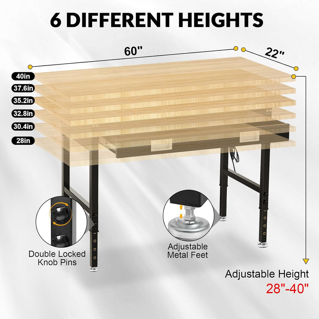 60' Heavy Duty Workbench for Garage with Drawers Rubberwood Tabletop Work Table with Pegboard, Power Outlets Adjustable Height Work Bench for Office, Home, Woodworking Shop