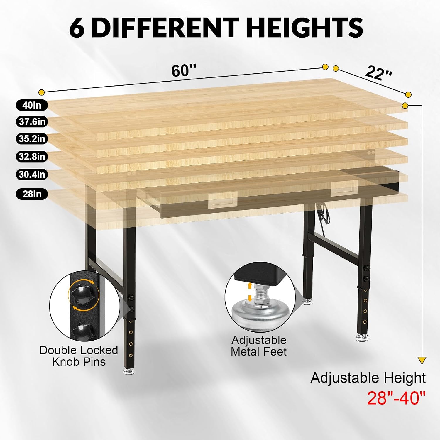 60' Heavy Duty Workbench for Garage with Drawers Rubberwood Tabletop Work Table with Pegboard, Power Outlets Adjustable Height Work Bench for Office, Home, Woodworking Shop