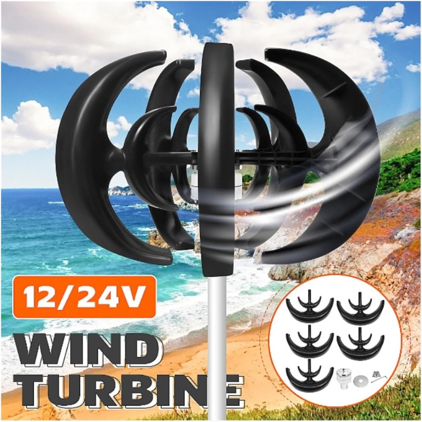 Wind Turbine Generator, 12V/24V 1000W 500W Wind Turbine Generator Lantern Vertical Axises Wind Generator for Residential Household Streetlight for Marine, RV, Home(Black,12V_1000W)