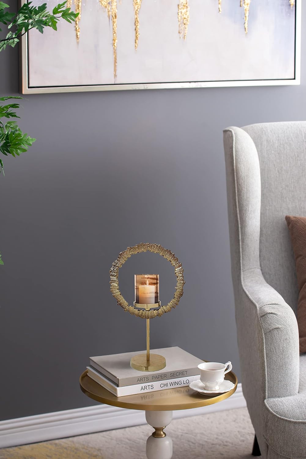 A&B Home Gold Ring Candle Holder - Large Candle Hoder with Glass Hurricane, Decorative Tabletop Lighting, Living Room Coffee Table Accent Piece Dining Table Centerpiece, 12' x 6' x 21'