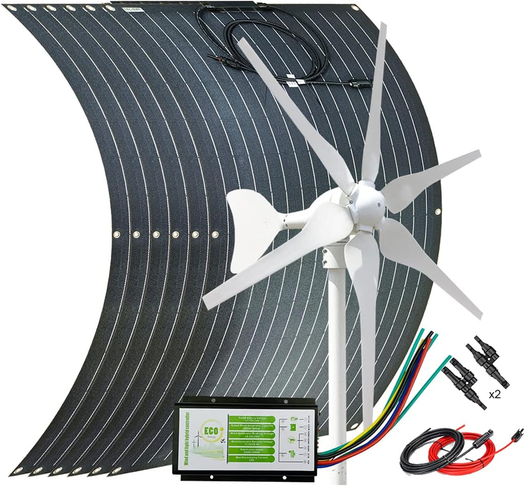 6pcs 100W Portable ETFE Flexible Mono Solar Panel for RV Boat Farm + 400W 24V Wind Turbine Generator + Hybrid Controller + Solar Extension Cable + Connector - 1000 Watts Wind Solar Hybrid System