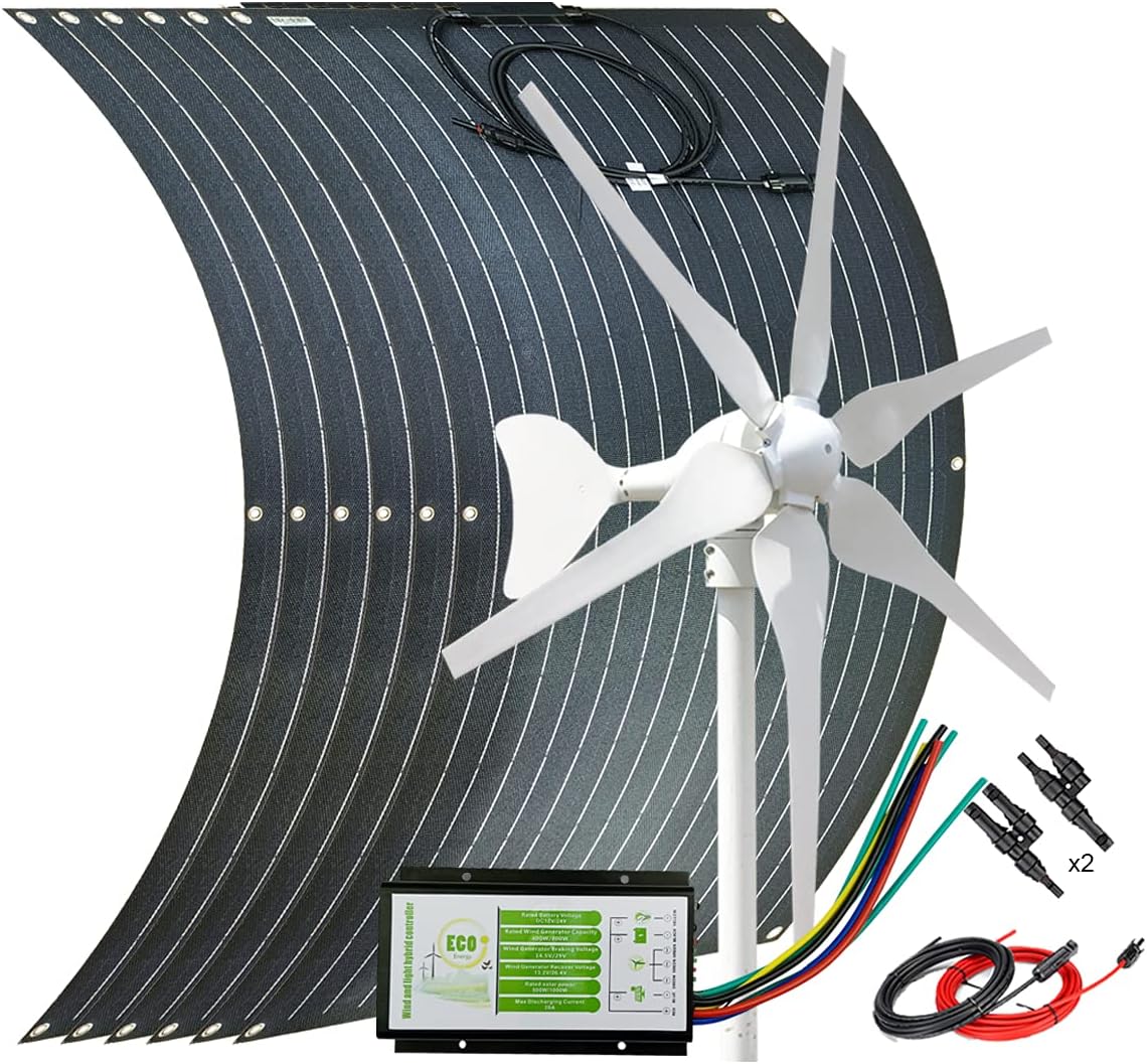 6pcs 100W Portable ETFE Flexible Mono Solar Panel for RV Boat Farm + 400W 24V Wind Turbine Generator + Hybrid Controller + Solar Extension Cable + Connector - 1000 Watts Wind Solar Hybrid System
