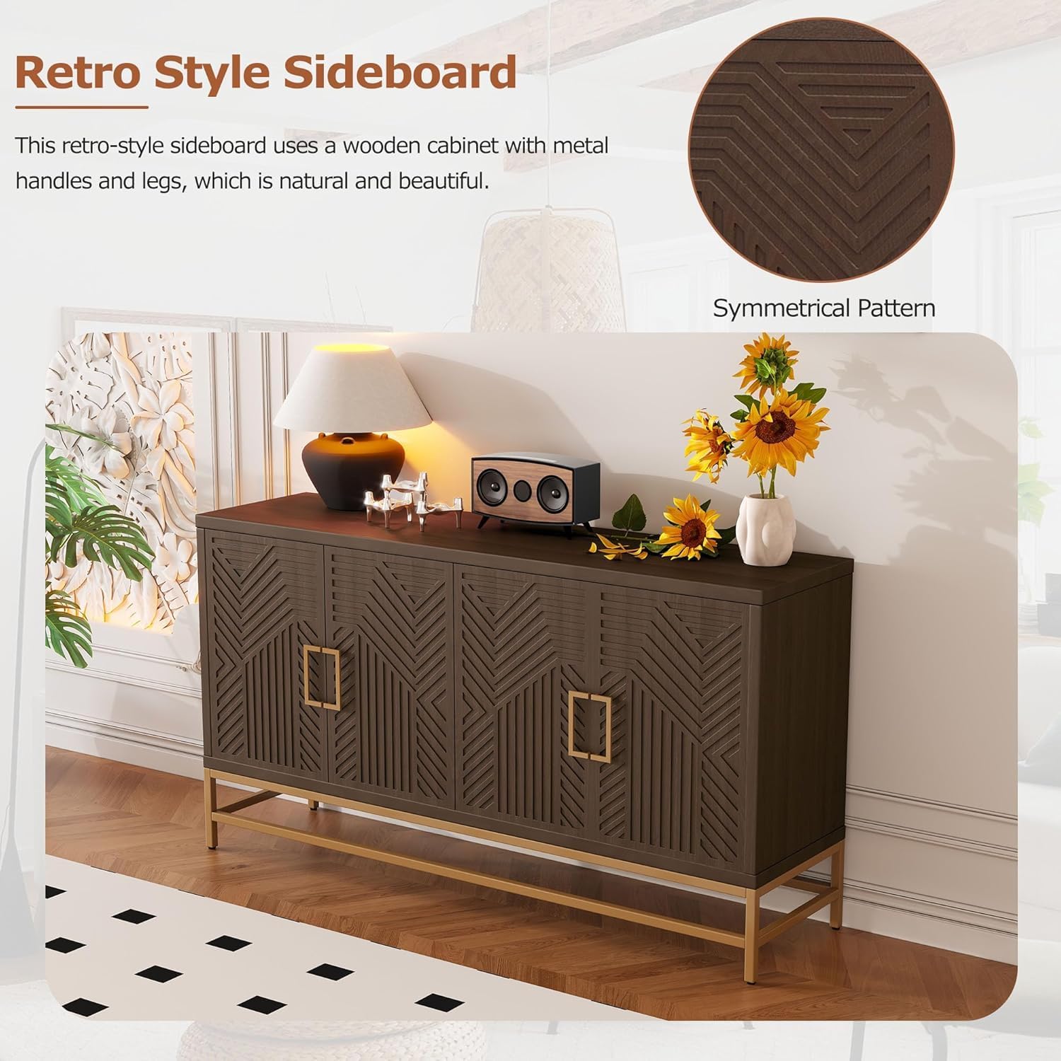 Virubi 60' Sideboard Buffet Cabinet with Storage, Doors and Gold Handles, Wood Modern Sideboard Accent Cabinet with Adjustable Shelves for Living Room, Hallway, Entryway (Espresso)