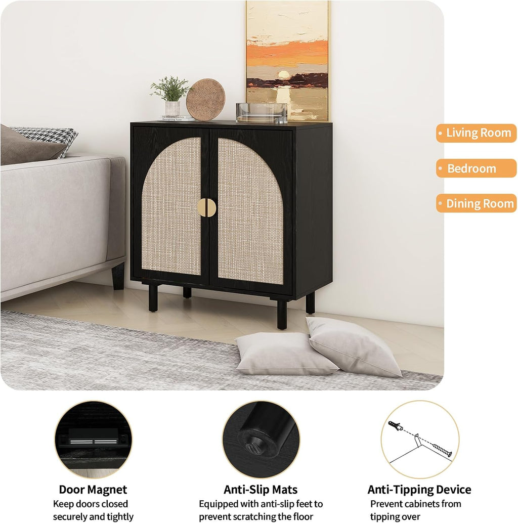 vistavie Rattan Buffet 2 Door Cabinet with Storage, Sideboard Storage Cabinet with Solid Pine Legs, Accent Wood Cabinet for Bathroom, Dining Room, Kitchen (Black)