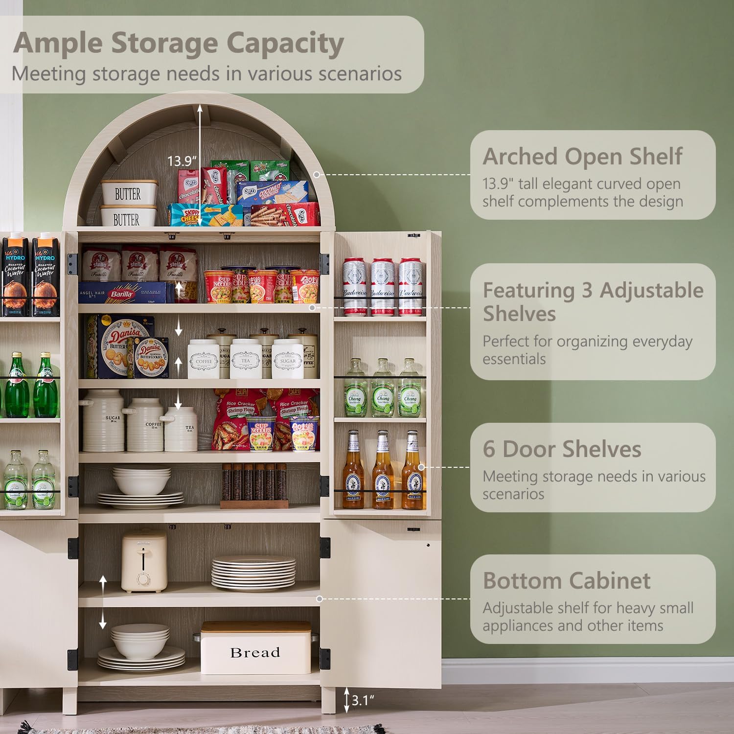 IFBUY 71' Tall Arched Bathroom Storage Cabinet, Modern Fluted Storage Cabinet w/Doors, 3 Adjustable Shelves, 6 Door Shelves, Wood Freestanding Cabinet for Bathroom, Entryway, Hallway, Cream