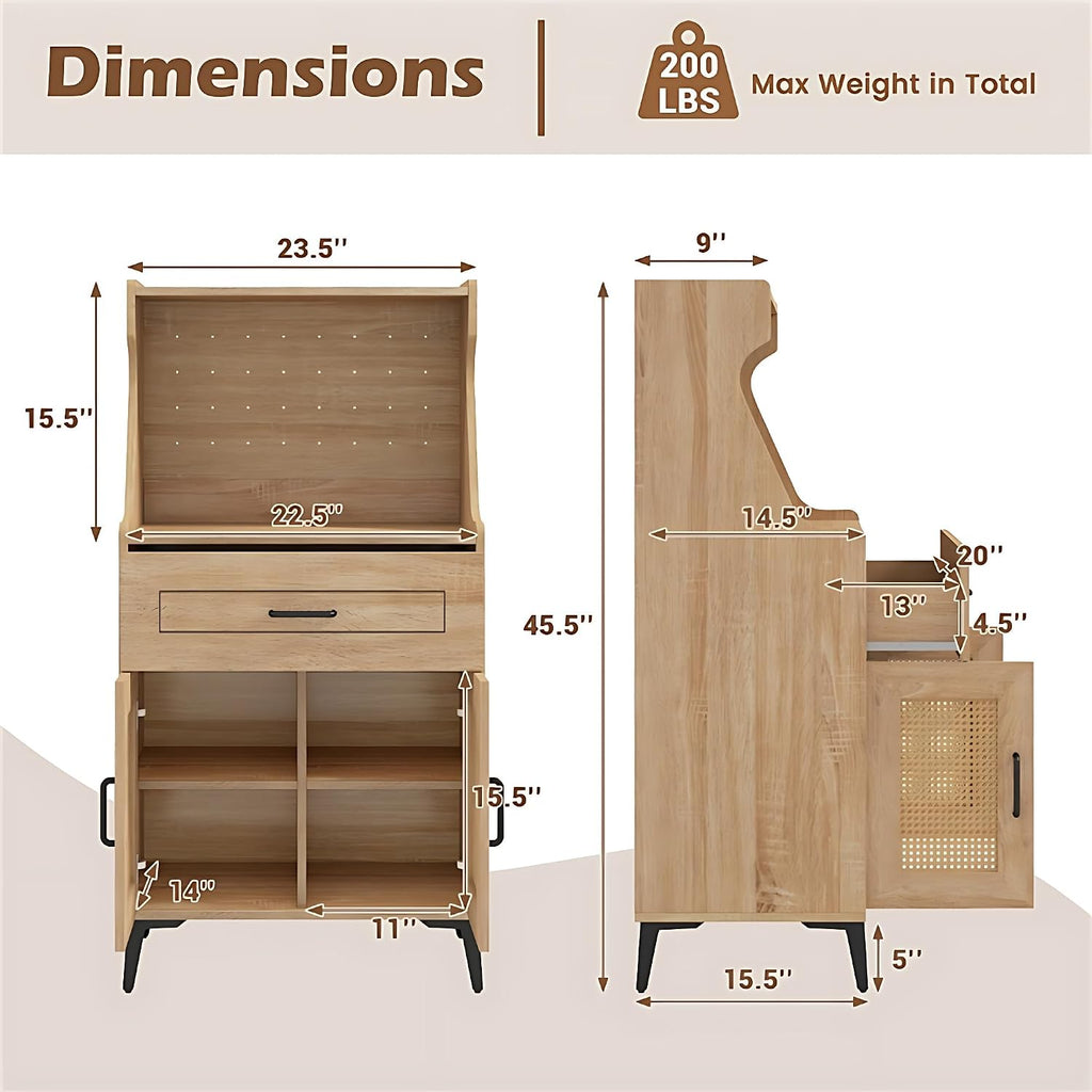 LDAILY Kitchen Pantry Cabinet, Rattan Buffet Cabinet with Hutch, DIY Pegboard, Adjustable Shelf, Drawer, Farmhouse Sideboard Buffet Cabinet with Storage for Coffee Bar, Natural Oak