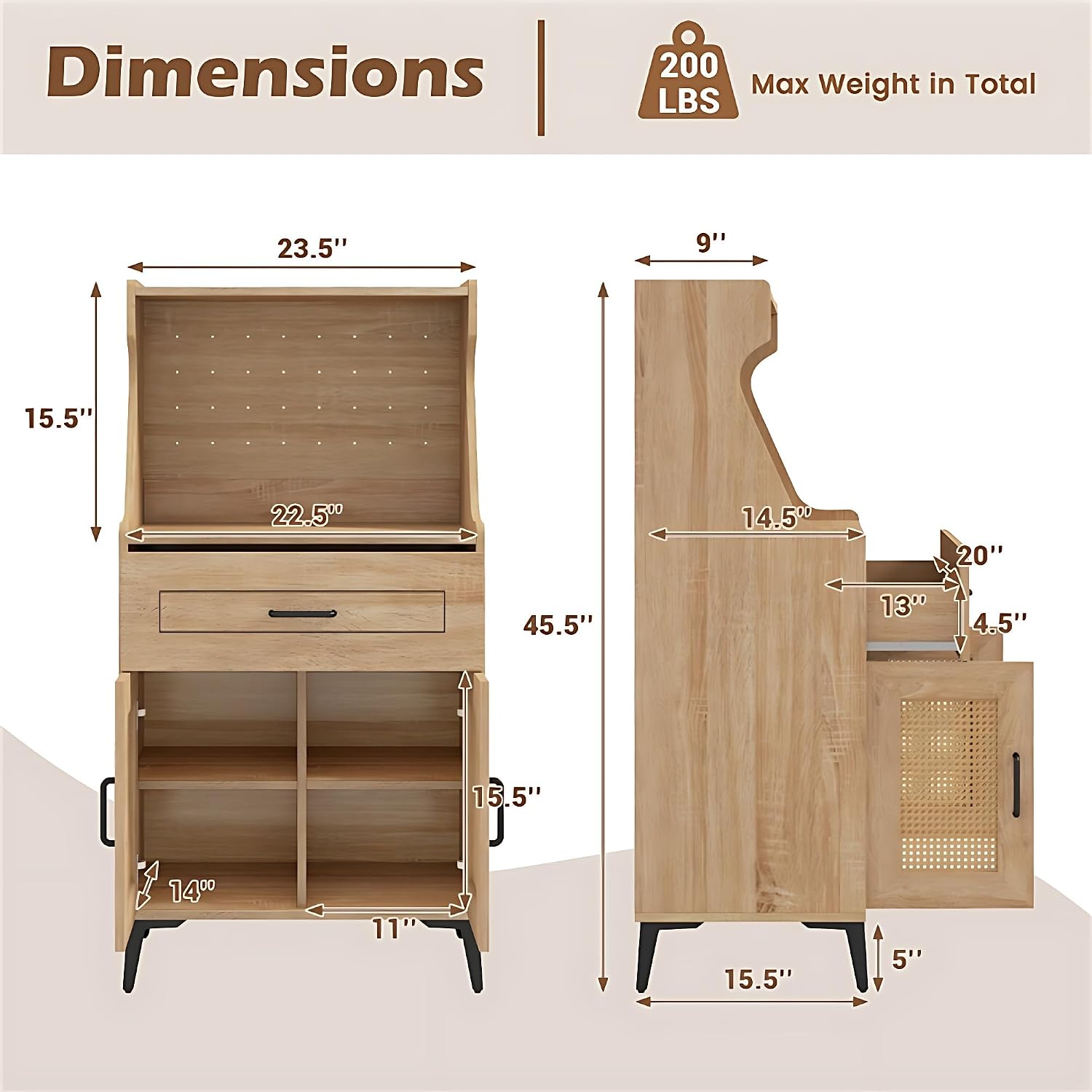 LDAILY Kitchen Pantry Cabinet, Rattan Buffet Cabinet with Hutch, DIY Pegboard, Adjustable Shelf, Drawer, Farmhouse Sideboard Buffet Cabinet with Storage for Coffee Bar, Natural Oak