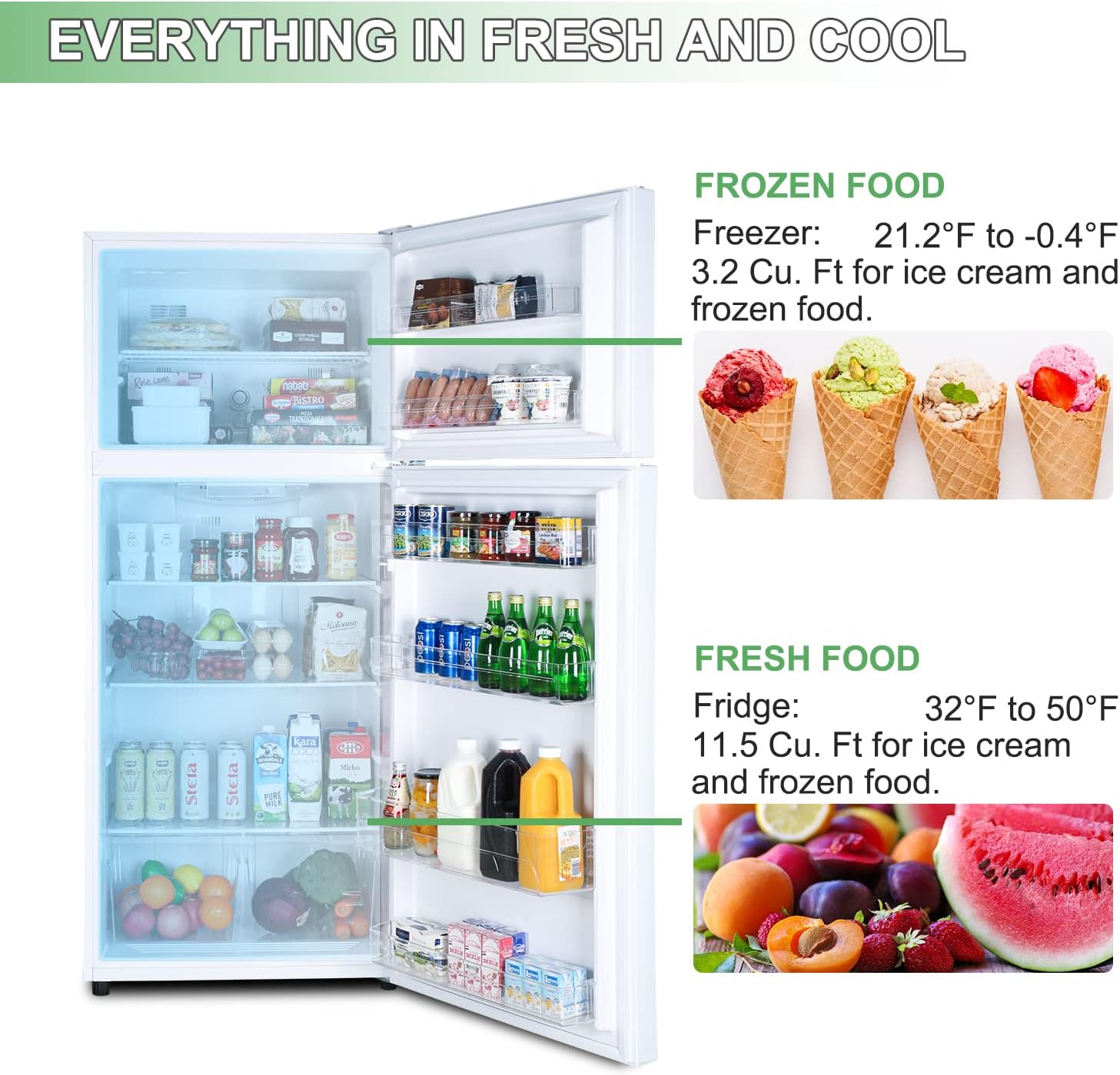 14.6 CU' Refrigerator with Freezer, Apartment Size Refrigerator Top Freezer, 2 Door Fridge with Adjustable Thermostat Control, Freestanding, Door Swing, White (FR 1462 WH)