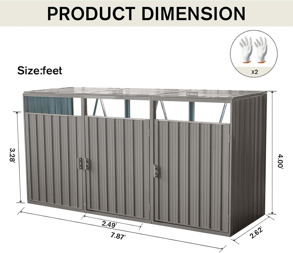 Outdoor Garbage Bin Storage Shed, Metal Trash Can Storage Hideaway, Stainless Galvanized Steel, Bin Shed for Garden Yard Lawn (Light Grey, 3 Door)