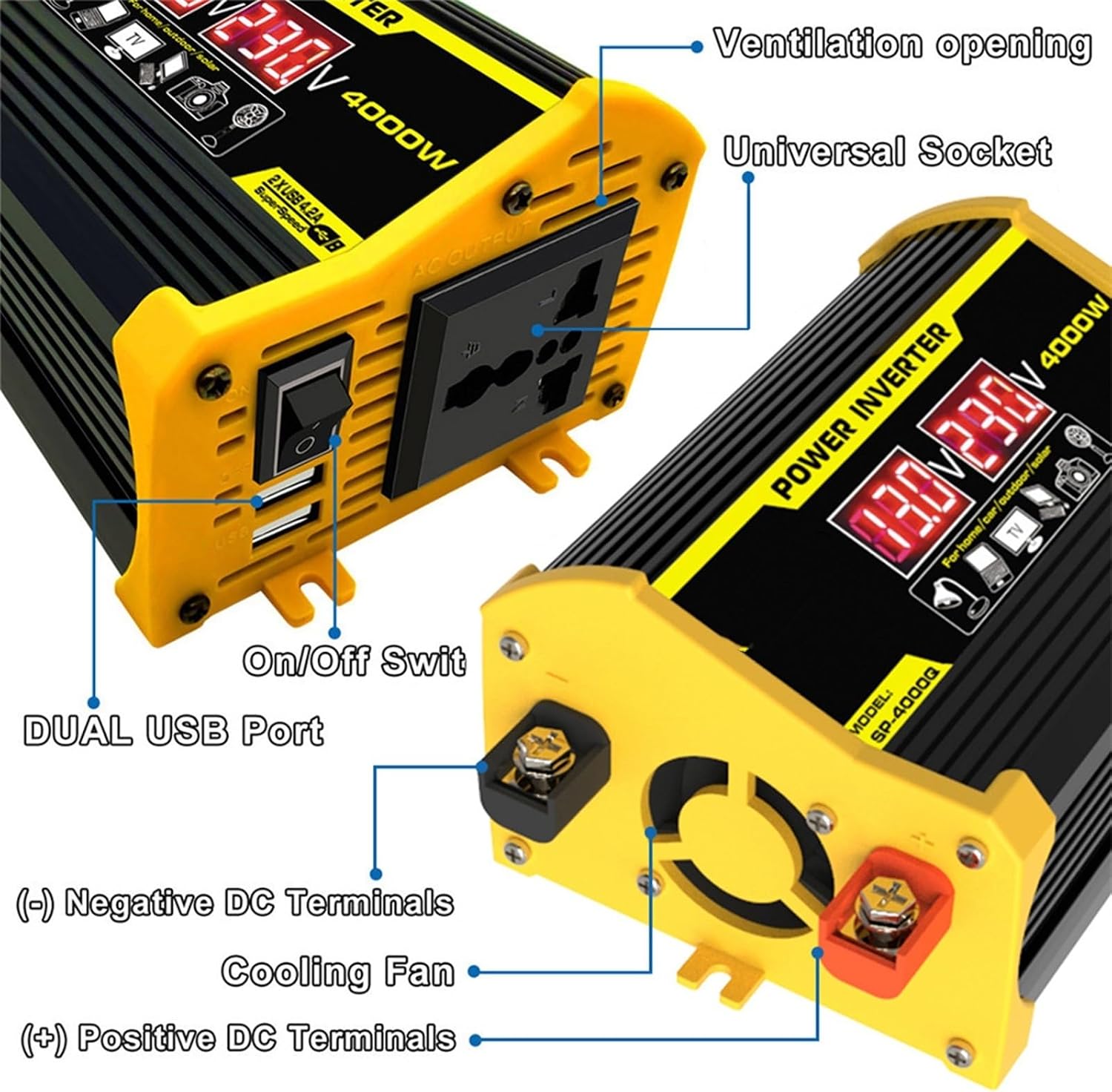 4000W Solar System Combo - 12V to 110V/220V Inverter, 50A Charge Controller, 50W 12V Solar Panel Kit, Home Solar Generator Grid System (Yellow, 12V-220V)