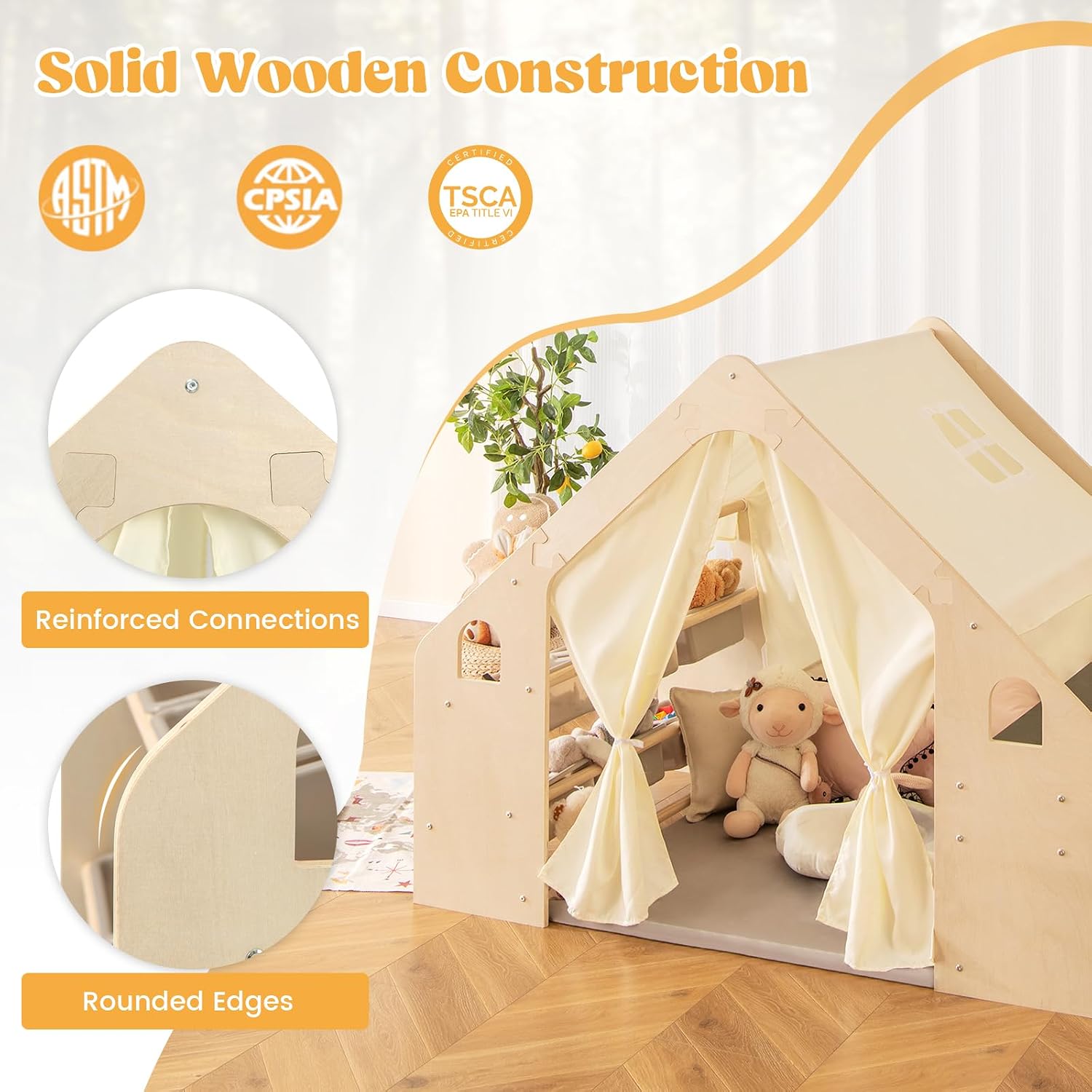 Costzon Large Kids Tent, 6-in-1 Wooden Frame Play House with Table and Chair Set, Blackboard, 6 Storage Bins & Soft Floor Mat, Indoor Playhouse for Boys Girls Aged 2-6 Years Old