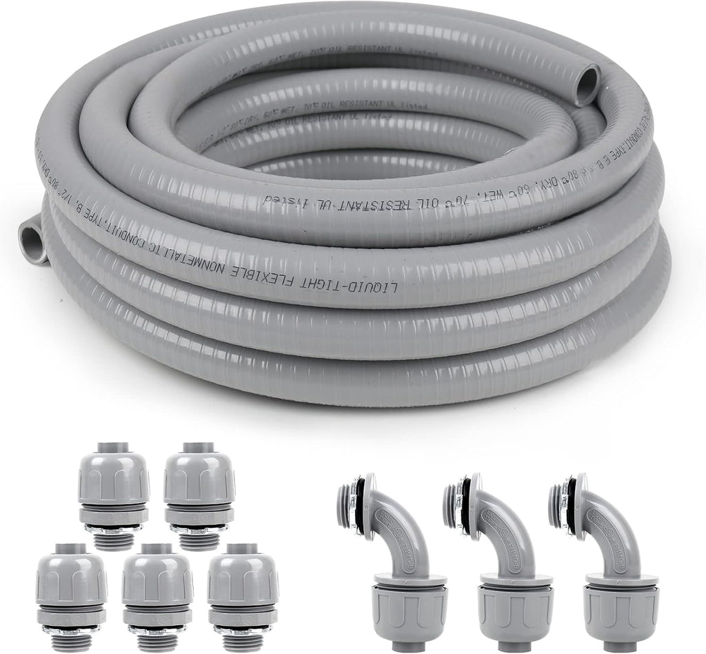 1-1/4(1.25) inch 50ft Liquid-Tight Conduit and Connector Kit,Flexible Non-Metallic Liquid Tight Electrical Conduit Kit with 5 Straight and 3 90-Degree Connector Fittings,1in. Dia…