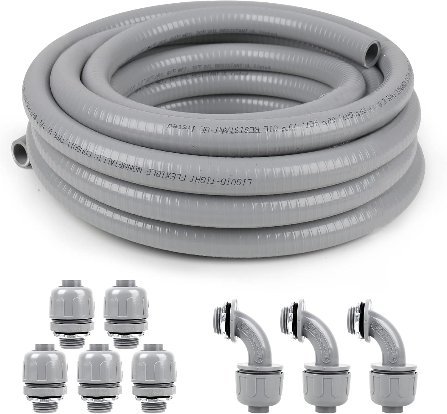 1-1/4(1.25) inch 50ft Liquid-Tight Conduit and Connector Kit,Flexible Non-Metallic Liquid Tight Electrical Conduit Kit with 5 Straight and 3 90-Degree Connector Fittings,1in. Dia…