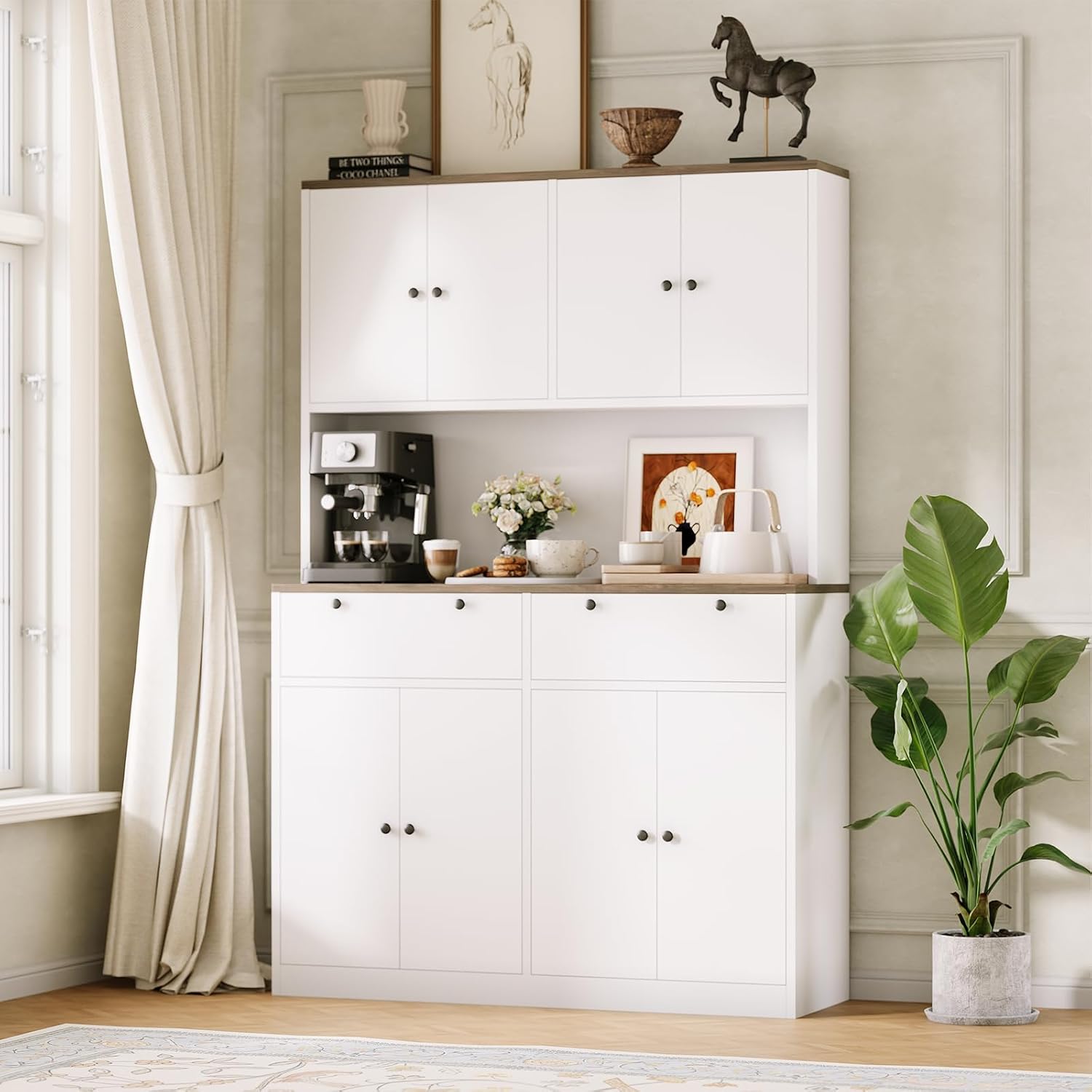 Garvee 71' Tall Kitchen Pantry Storage Cabinet with Charging Station, Food Hutch with Drawers, Doors, Shelves, and Countertop for Dining Room