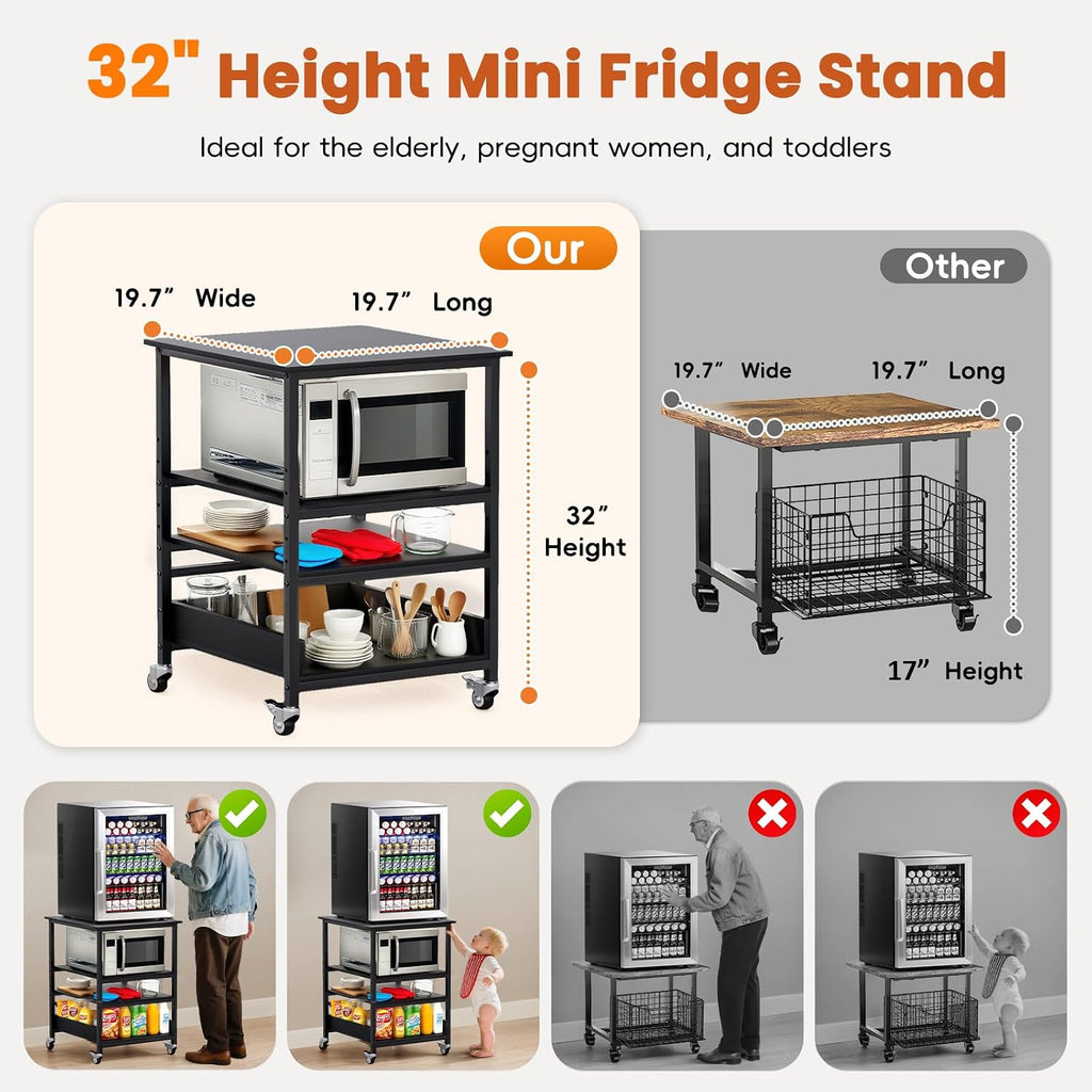 32' H Mini Fridge Stand with Storage - Avoid Bending Over Fit Elderly Pregnant Women Mini Fridge Shelf 4-Tier Small Refrigerator Stand with Adjust Storage Space Stainless Steel Wheel 19.7' L x 19.7' W